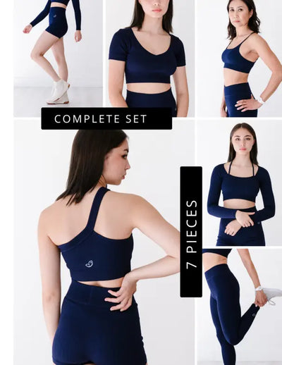 This seven-piece athletic set is seamless and stylish, so you can use each piece individually or together for a serious sweat session. Enjoy this all-around set and flex your way to fit!</p> <p>&nbsp;</p> <p>Contains: Leggins, 3 inch inseam shorts, 5 inch inseam shorts, Cami bra, one shoulder bra, short sleeve top, long sleeve top.&nbsp;</p>